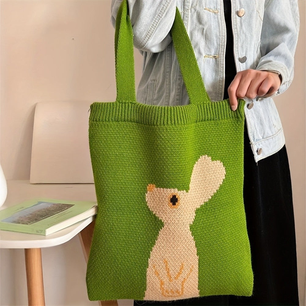 Green Knitted Rabbit Tote Bag
