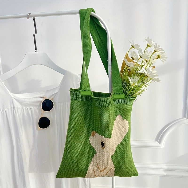 Green Knitted Rabbit Tote Bag