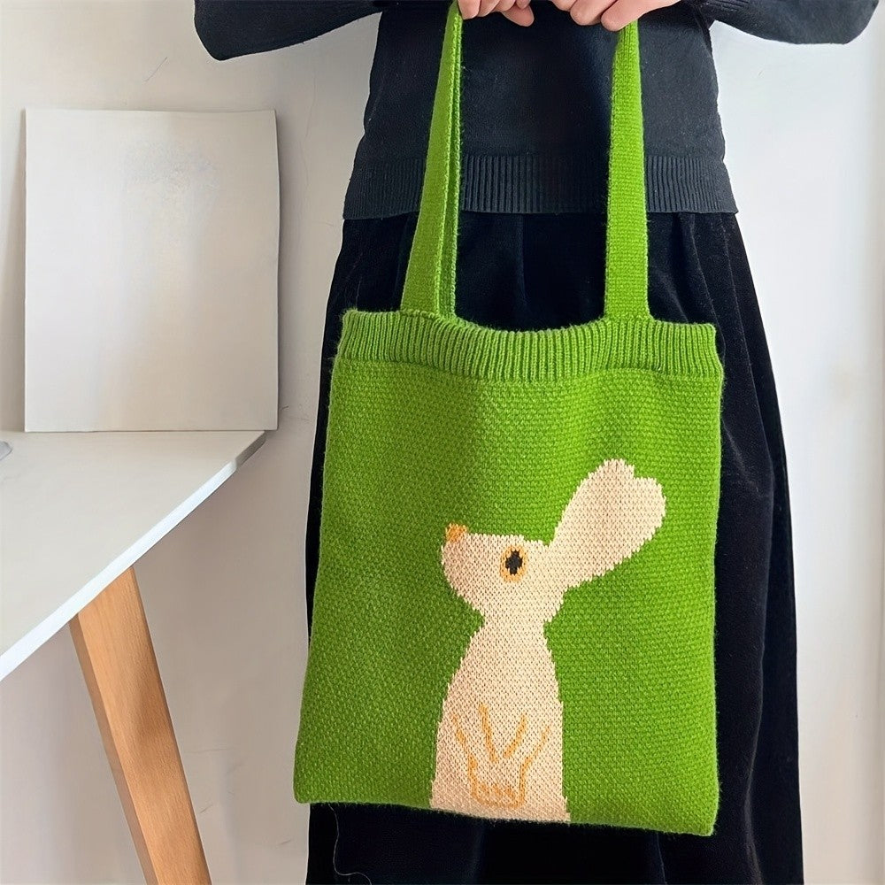 Green Knitted Rabbit Tote Bag
