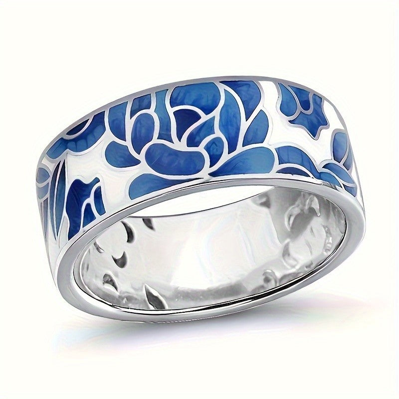 Blue Floral Mosaic Wide Ring