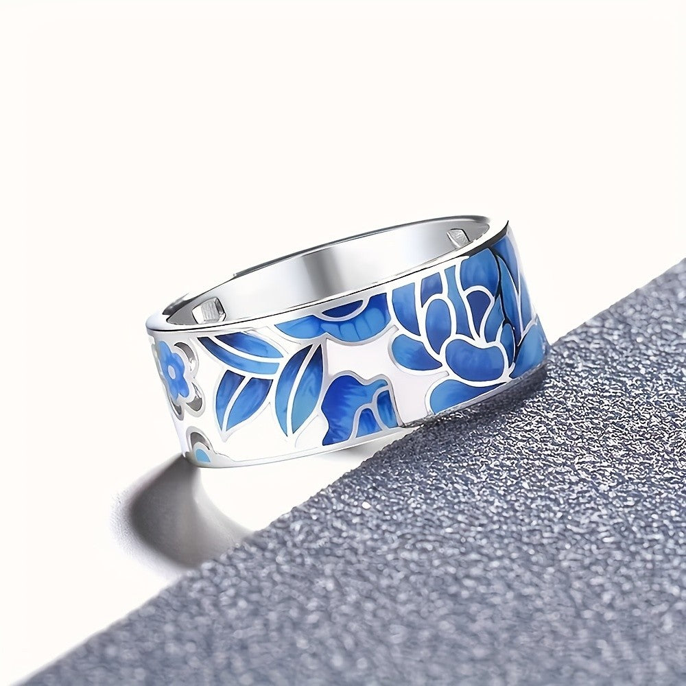 Blue Floral Mosaic Wide Ring