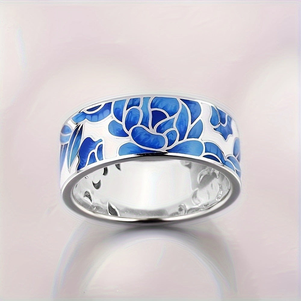 Blue Floral Mosaic Wide Ring