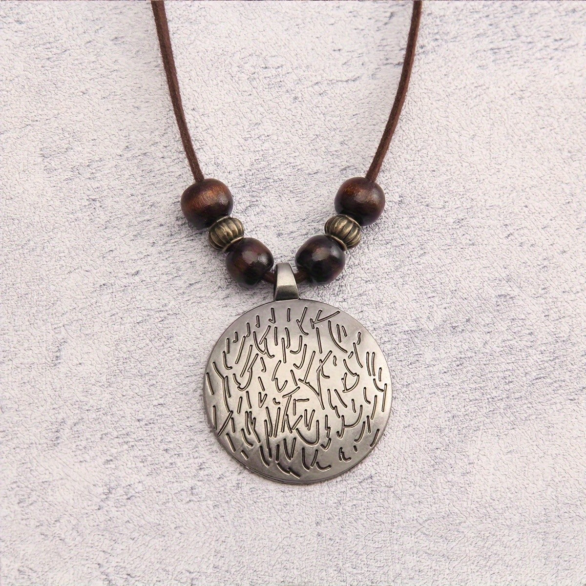 Engraved Disc Wooden Bead Necklace