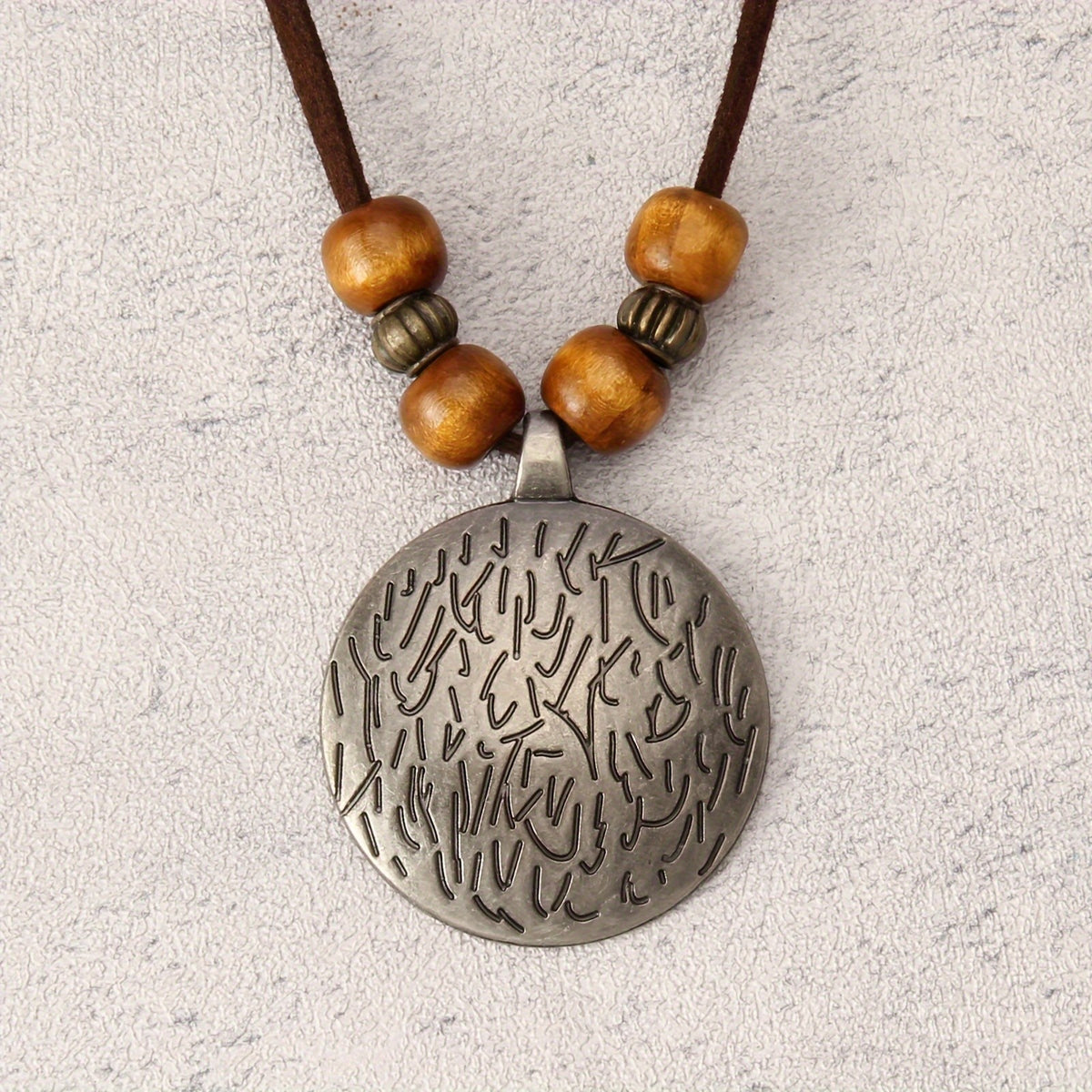 Engraved Disc Wooden Bead Necklace