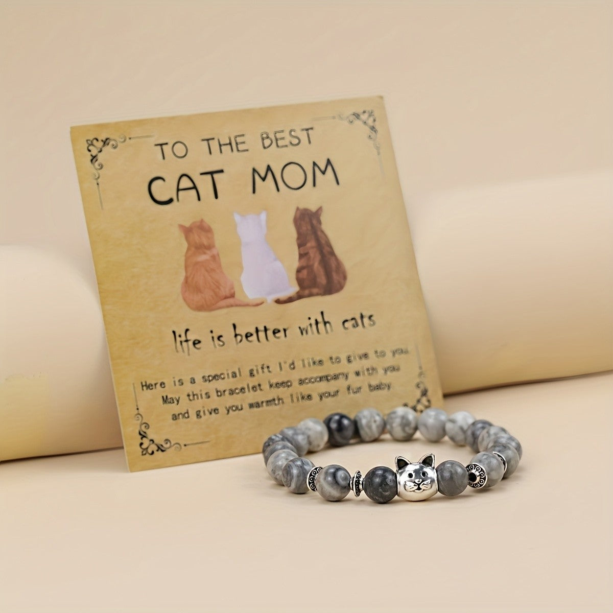 Cat Charm Stone Bead Bracelet