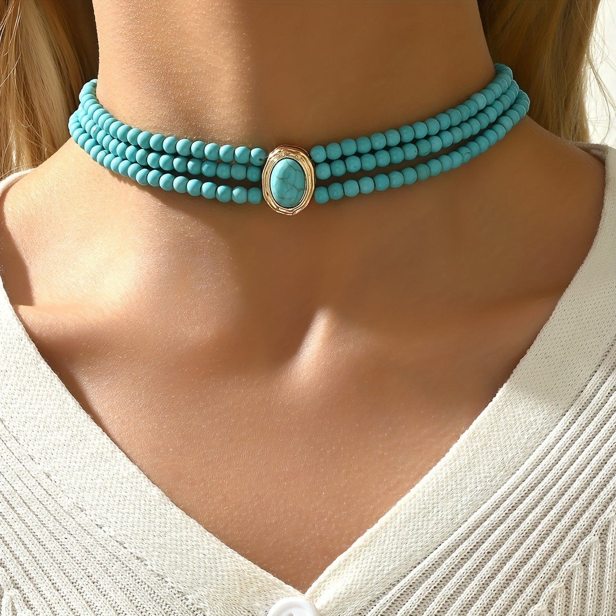 Turquoise Oval Beaded Choker Necklace
