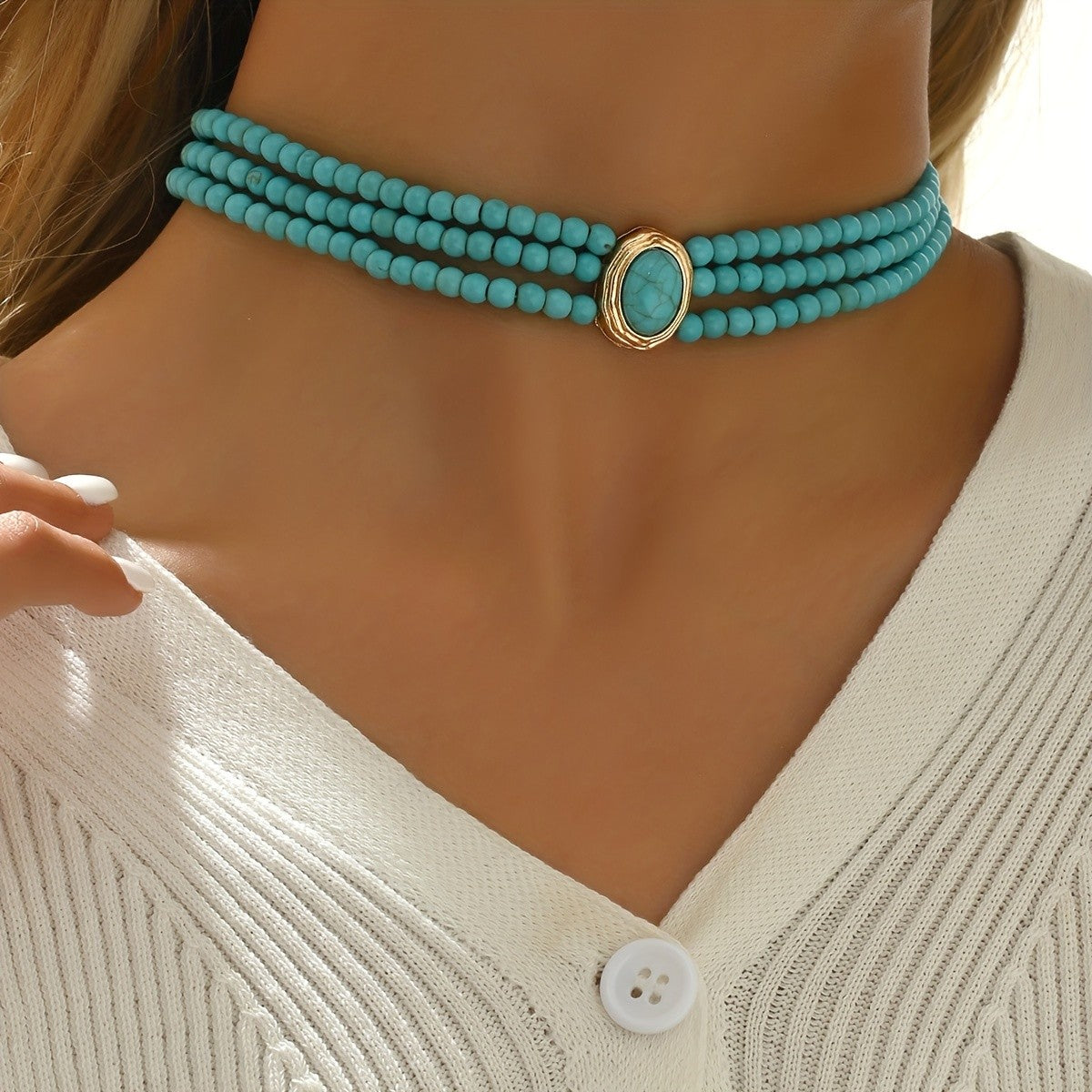Turquoise Oval Beaded Choker Necklace