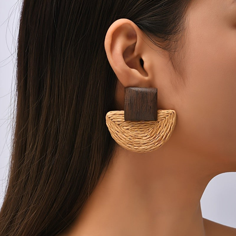 Wood Square Woven Earrings