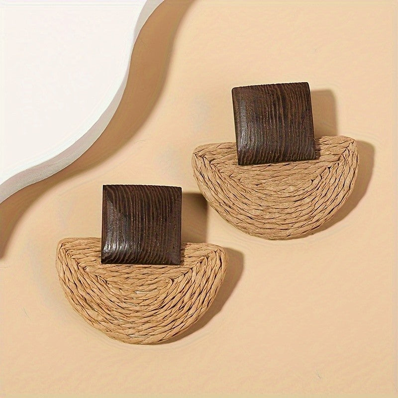 Wood Square Woven Earrings