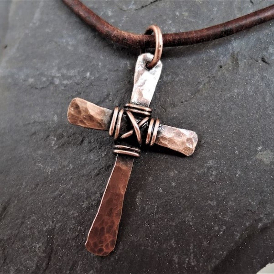 Hammered Wire Wrap Cross Necklace
