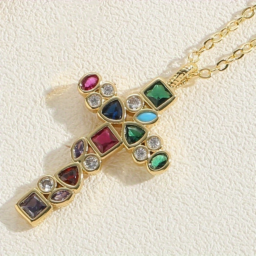 Multicolor Gemstone Cross Necklace