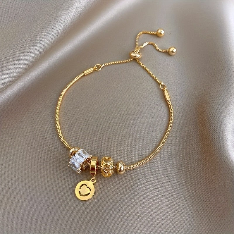 Crystal & Hollow Heart Charm Bracelet