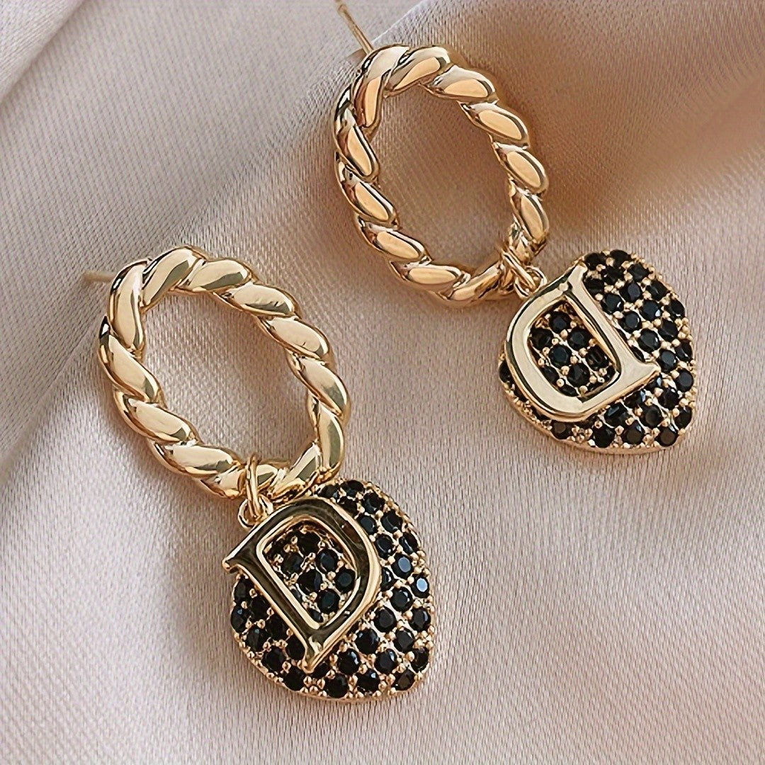 Black Zircon Initial Heart Earrings