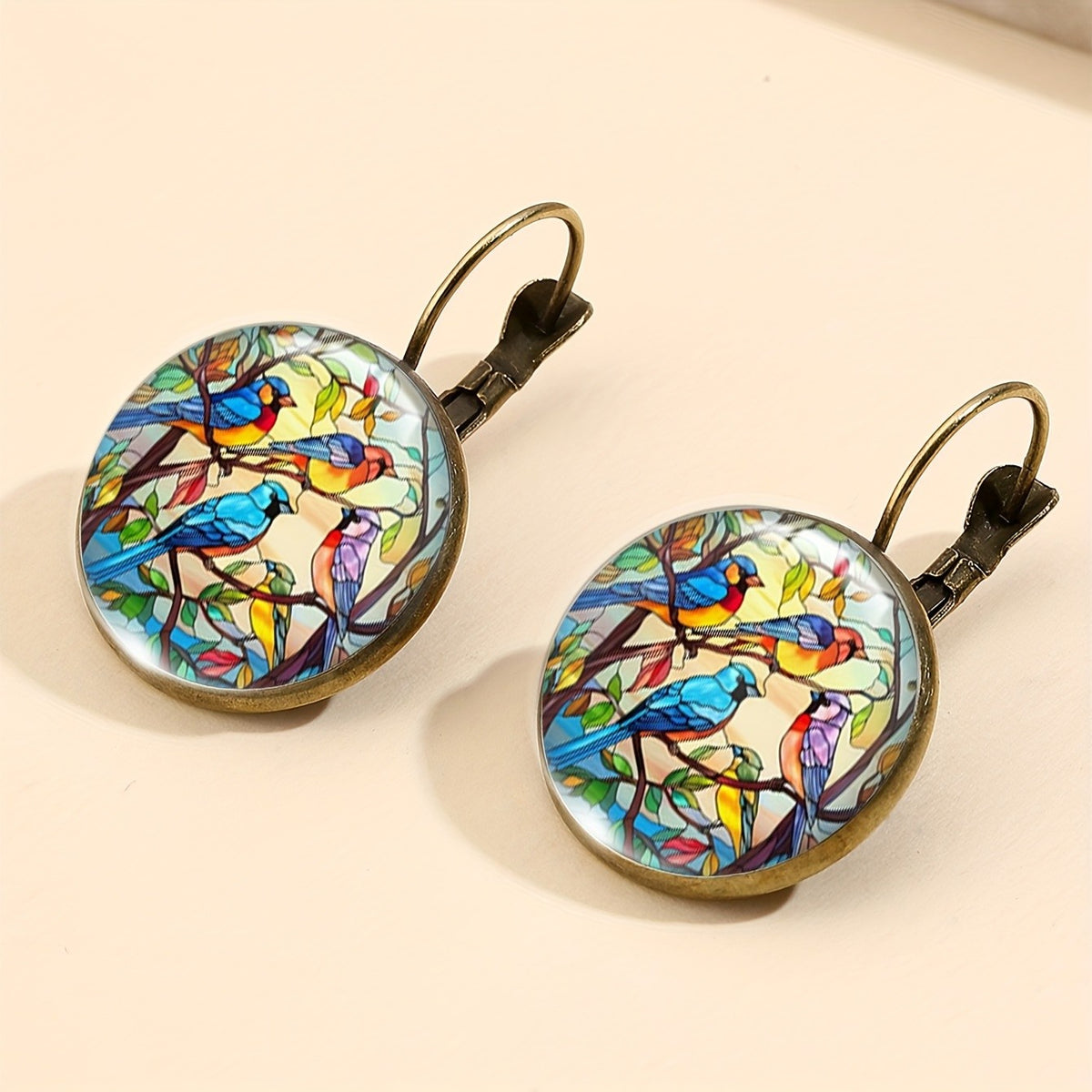 Stained Glass Birds Round Earrings