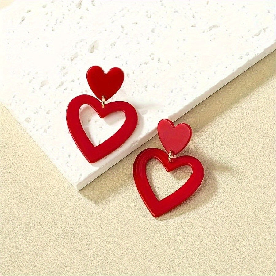 Red Stacked Hollow Heart Earrings