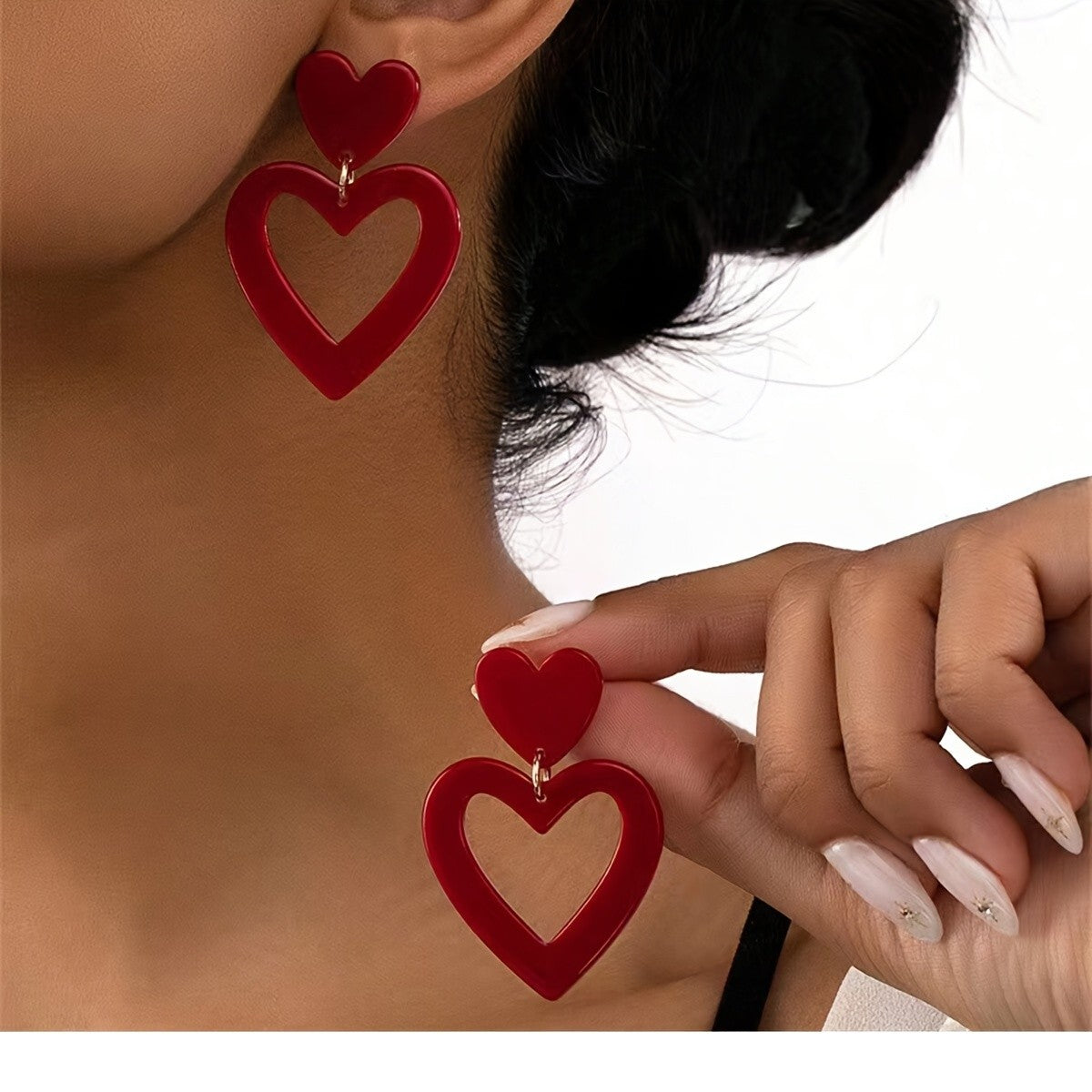 Red Stacked Hollow Heart Earrings
