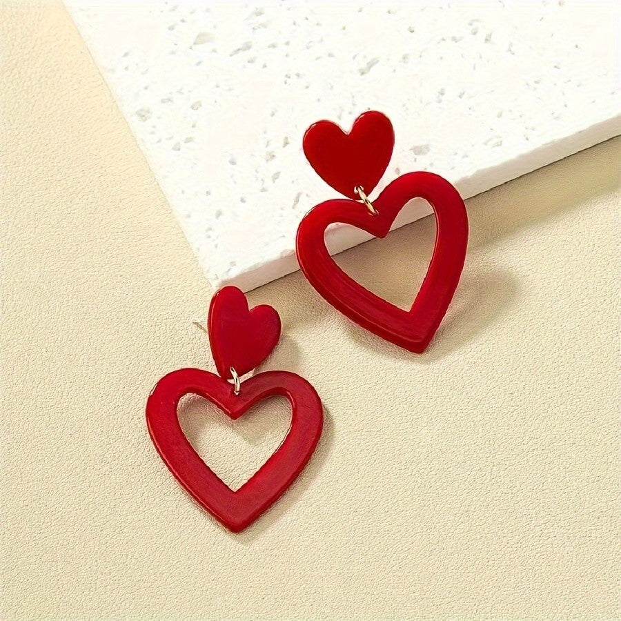 Red Stacked Hollow Heart Earrings