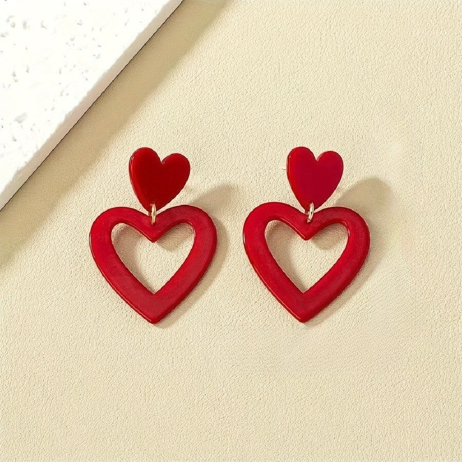 Red Stacked Hollow Heart Earrings