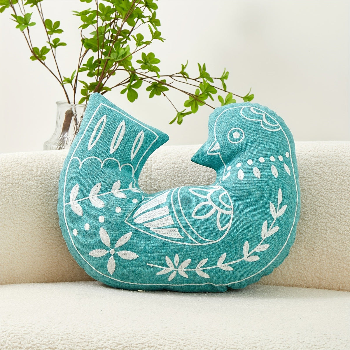 Teal Embroidered Bird Pillow