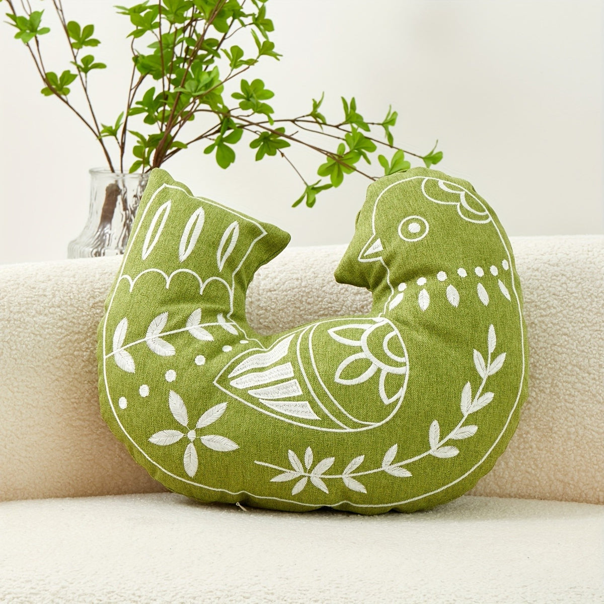 Teal Embroidered Bird Pillow