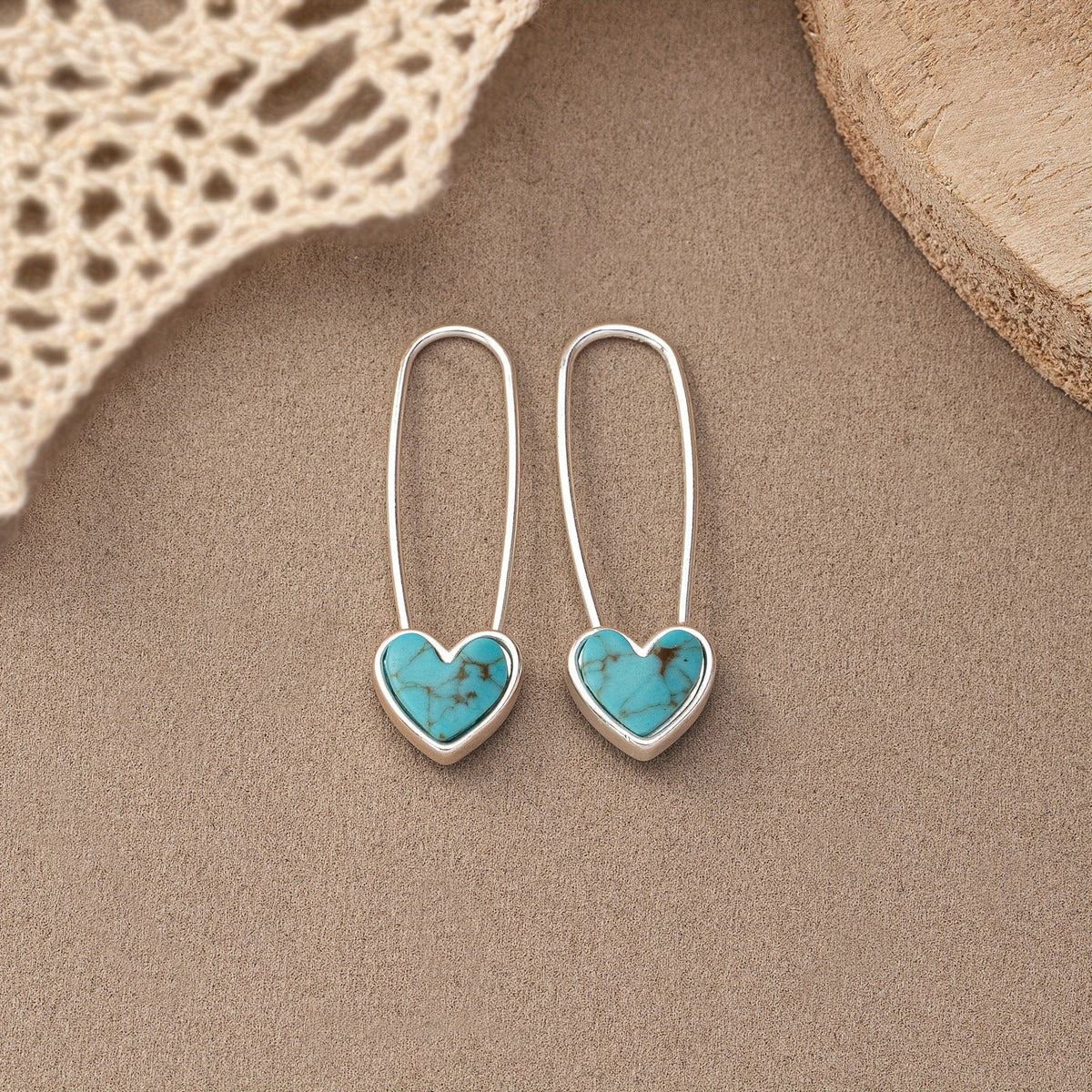 Turquoise Heart Wire Drop Earrings