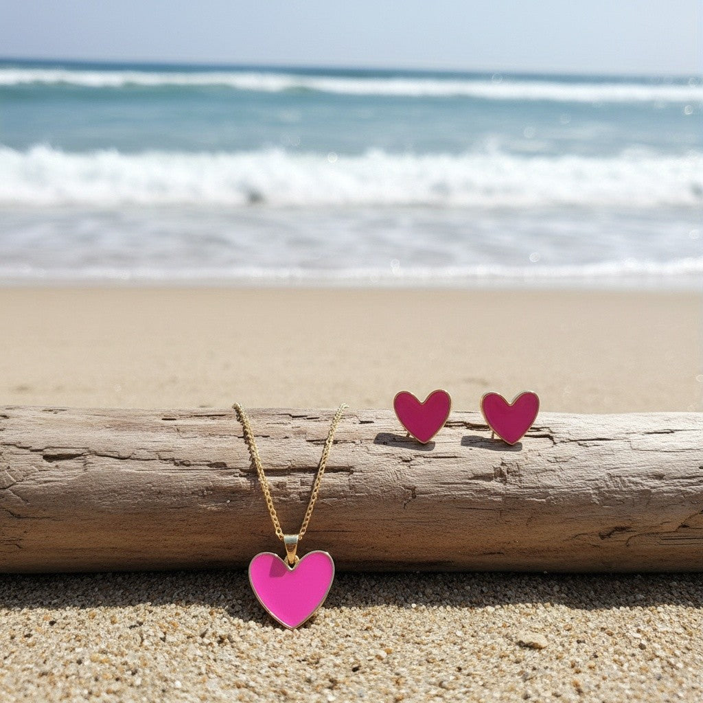 Enamel Heart Necklace & Earring Set