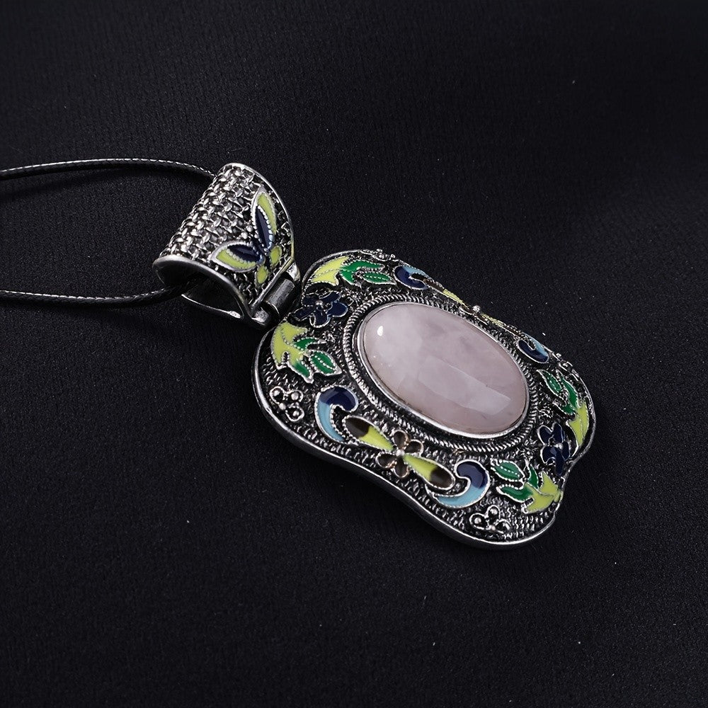 Enamel Butterfly Rose Quartz Pendant