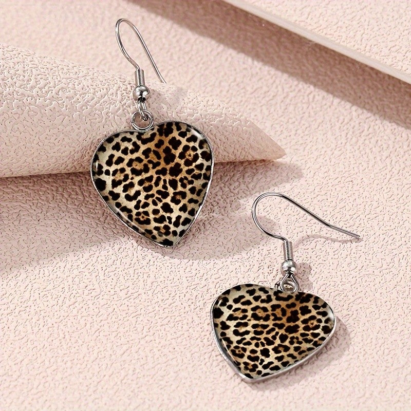 Leopard Glass Heart Drop Earrings