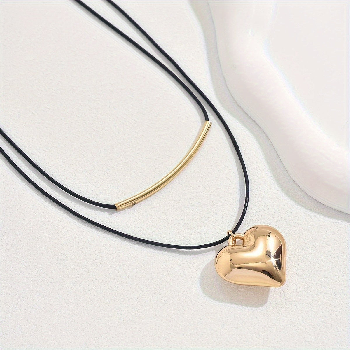 Curved Bar & Heart Cord Necklace