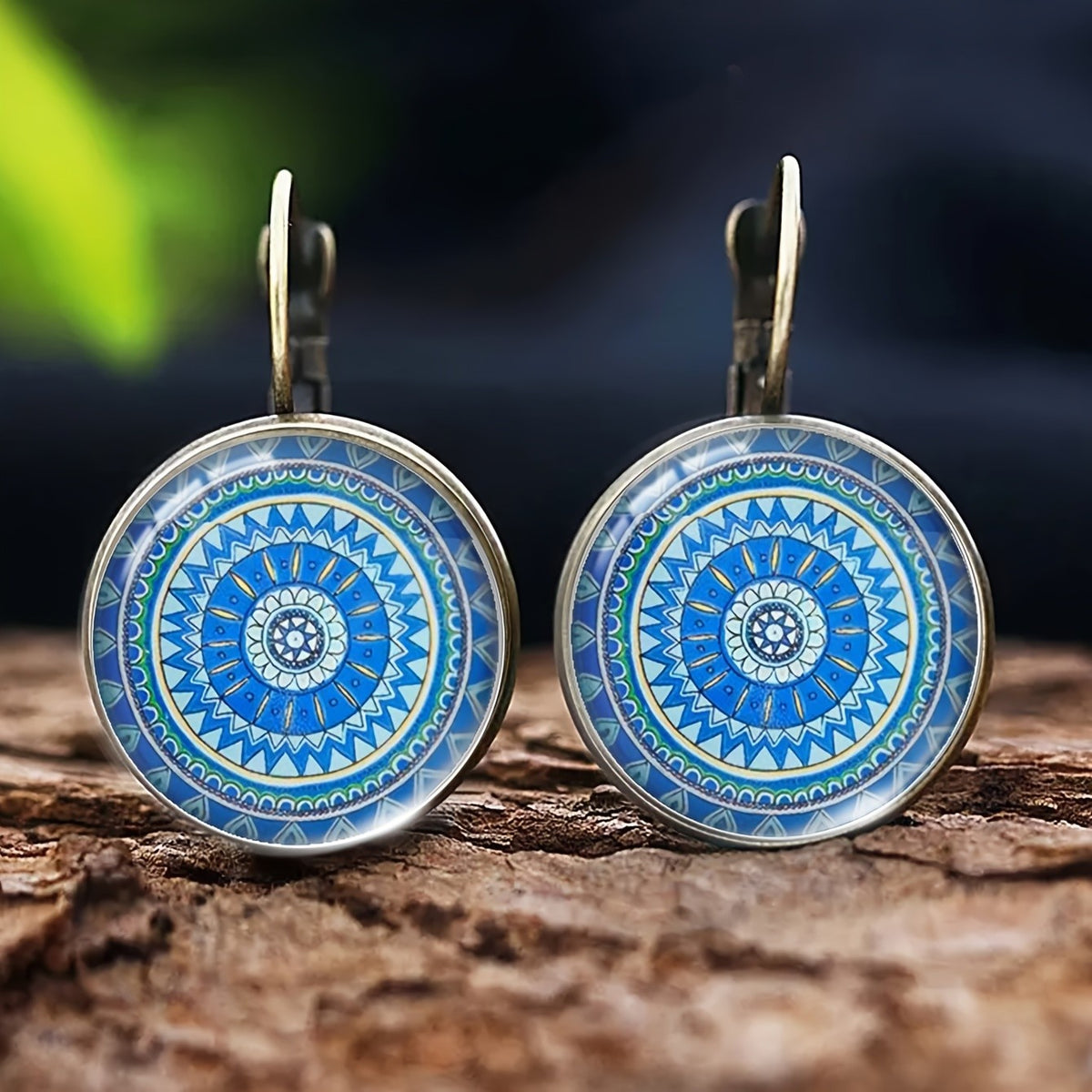 Blue Mandala Round Earrings
