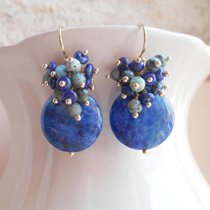 Blue Stone Cluster Disc Earrings