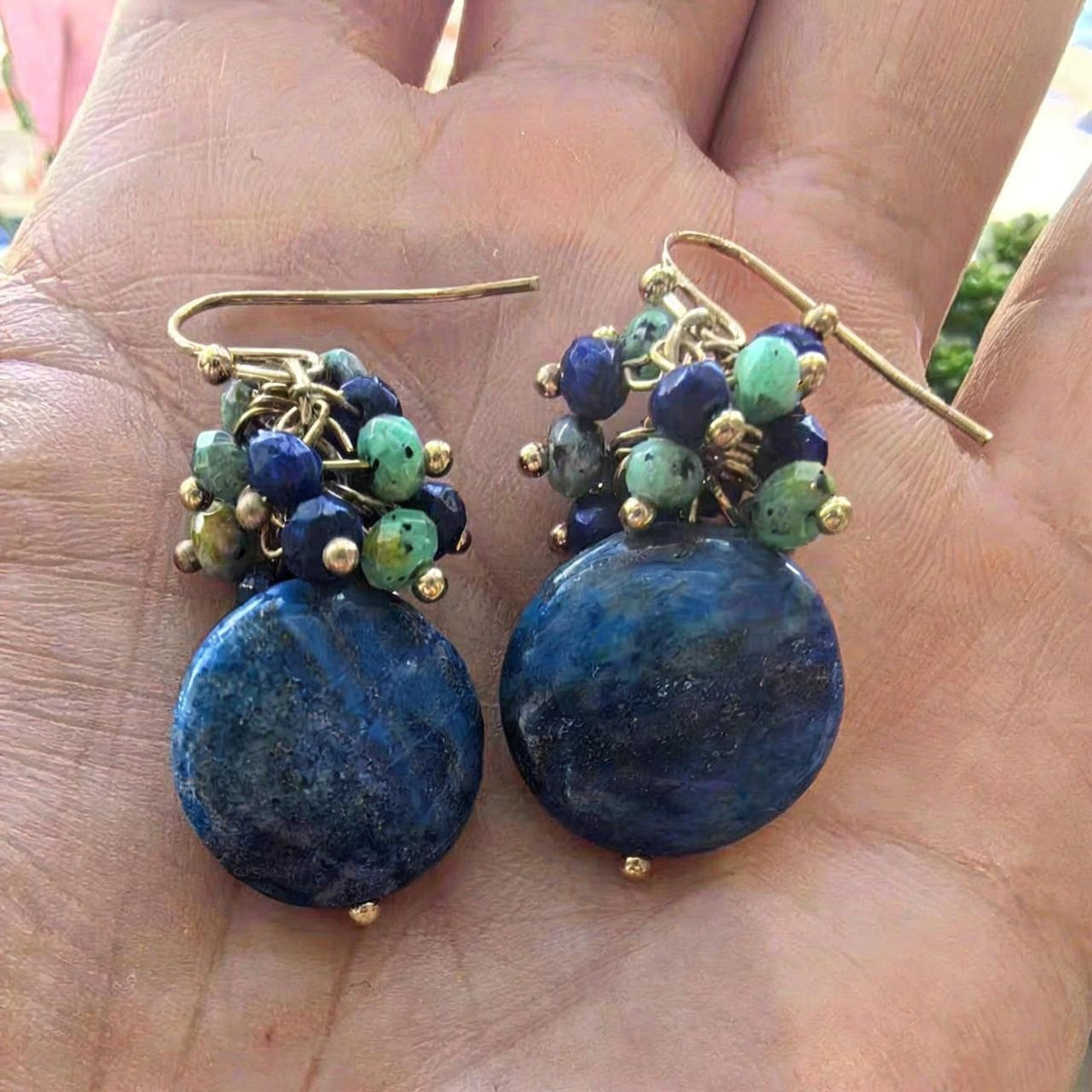 Blue Stone Cluster Disc Earrings