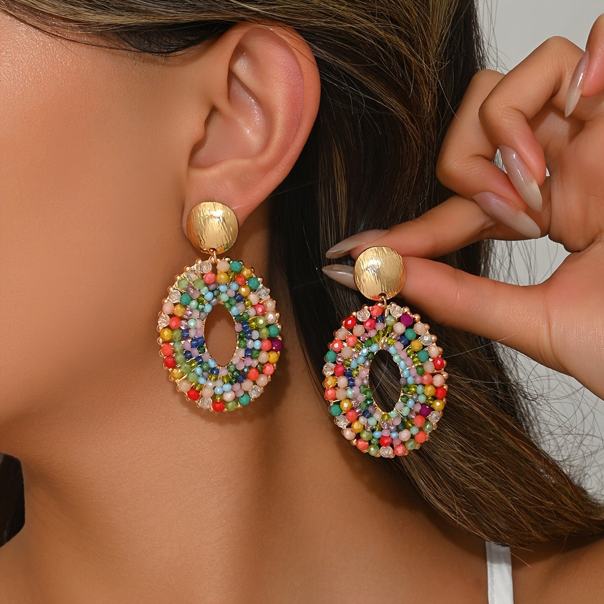 Blue Beaded Oval Drop Earrings