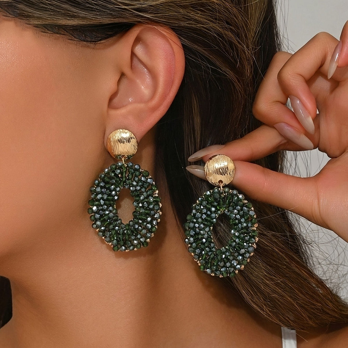 Blue Beaded Oval Drop Earrings