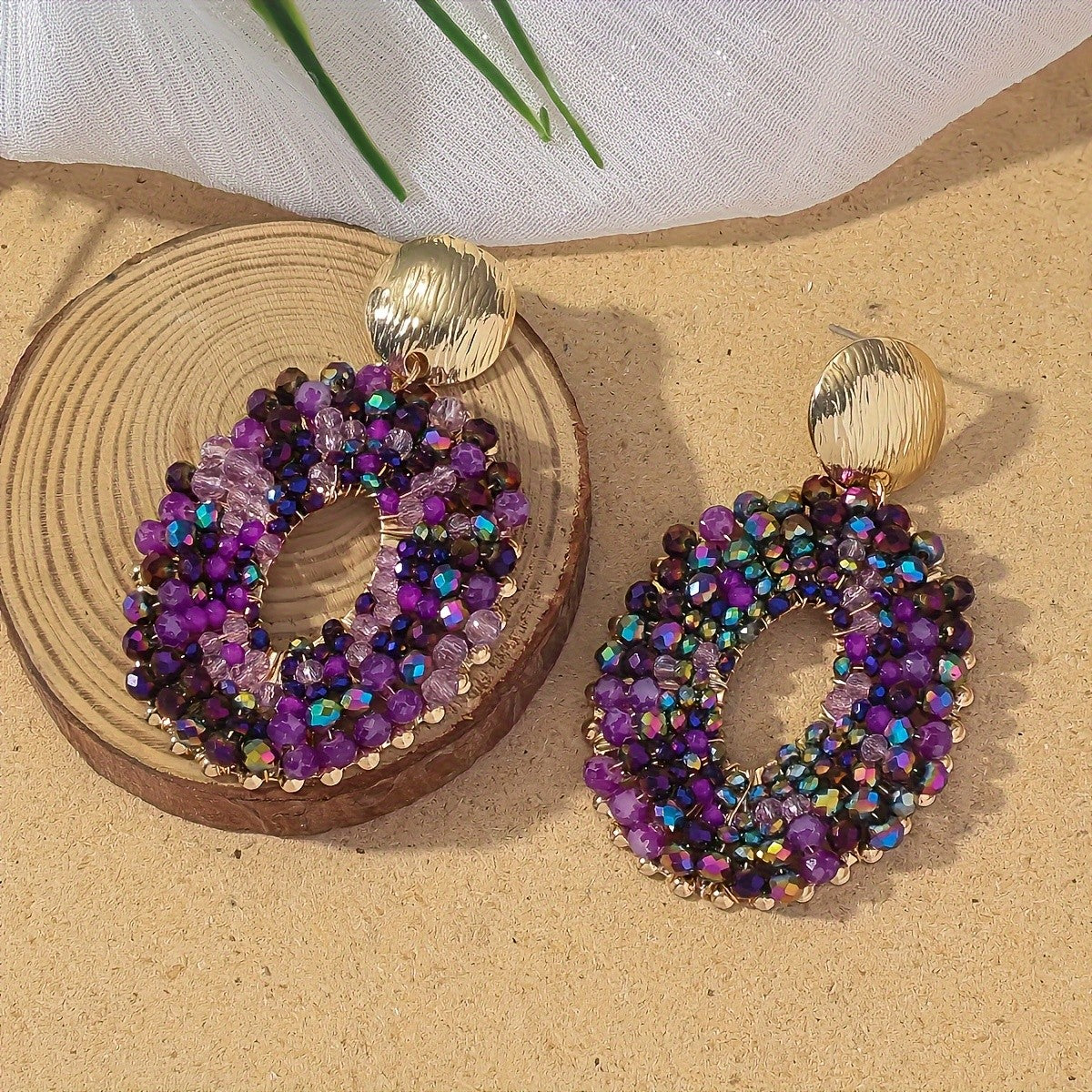 Blue Beaded Oval Drop Earrings