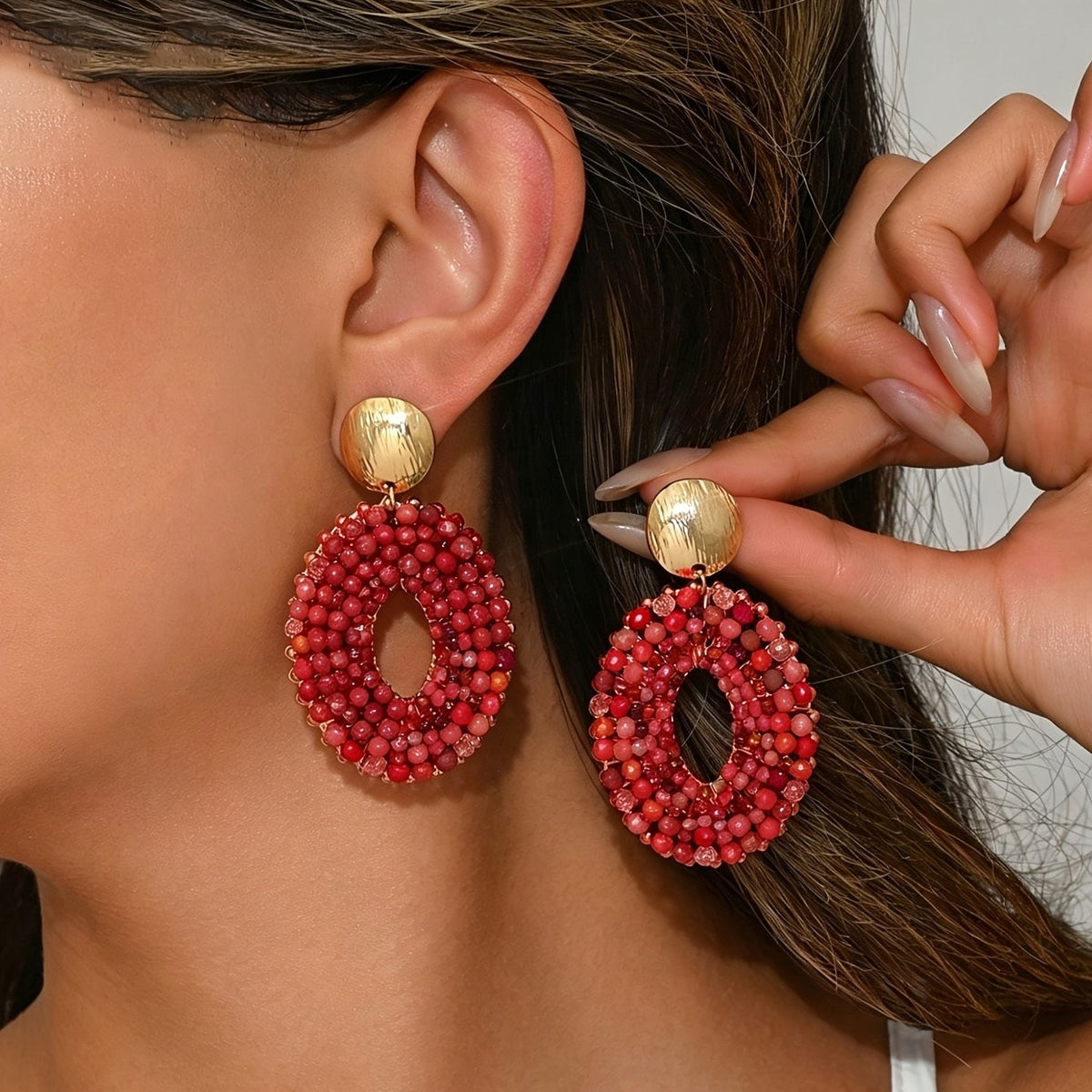 Blue Beaded Oval Drop Earrings