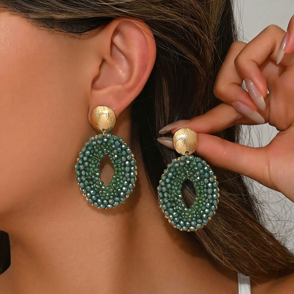 Blue Beaded Oval Drop Earrings