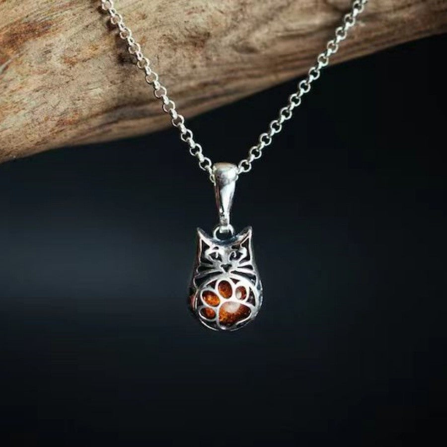 Amber Glass Cat Pendant Necklace