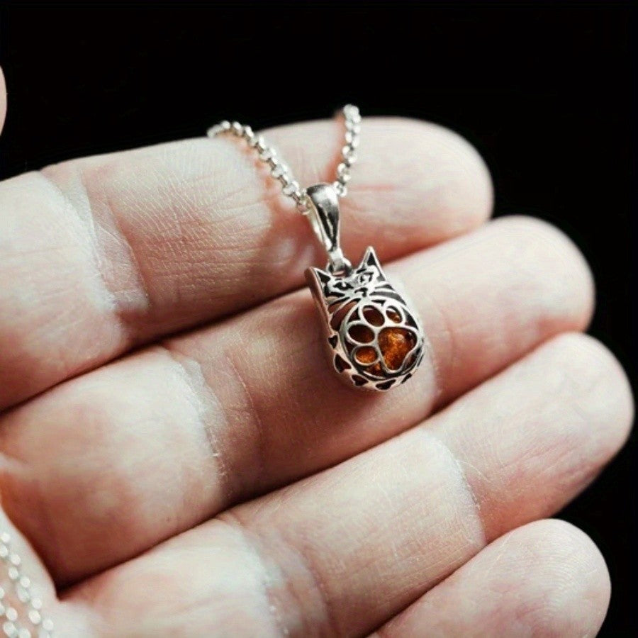 Amber Glass Cat Pendant Necklace