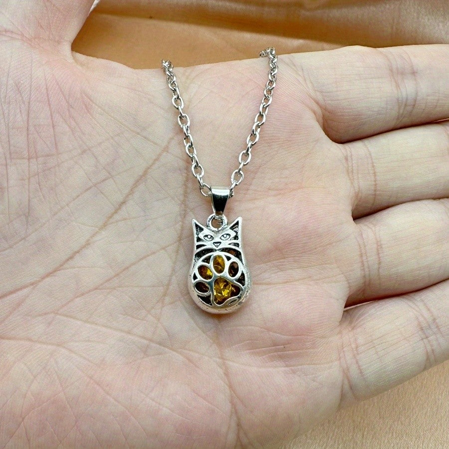 Amber Glass Cat Pendant Necklace