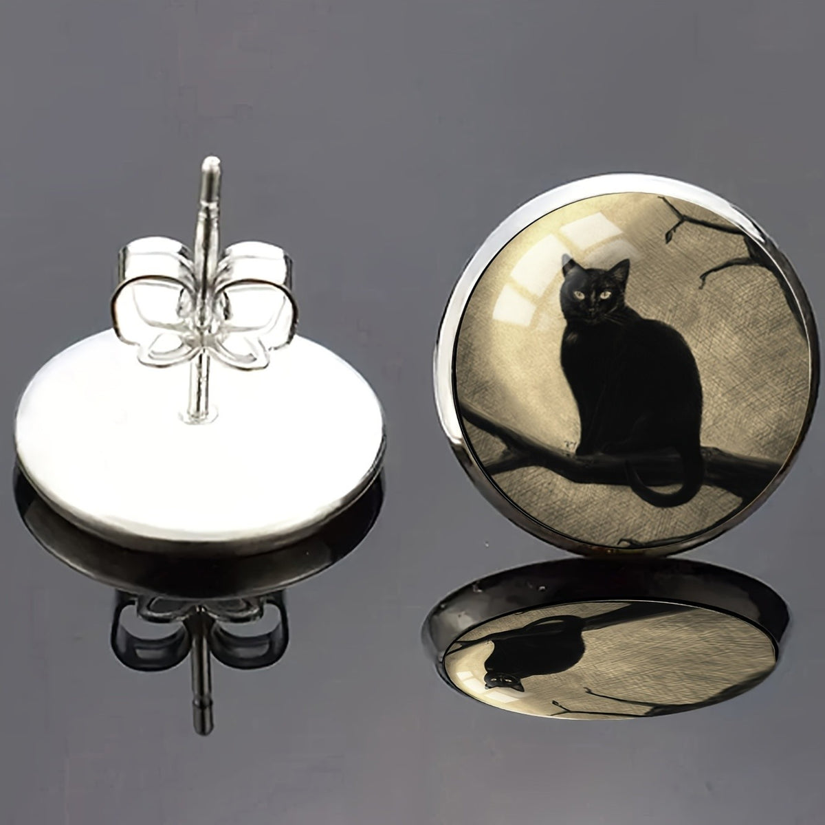 Black Cat Branch Dome Stud Earrings
