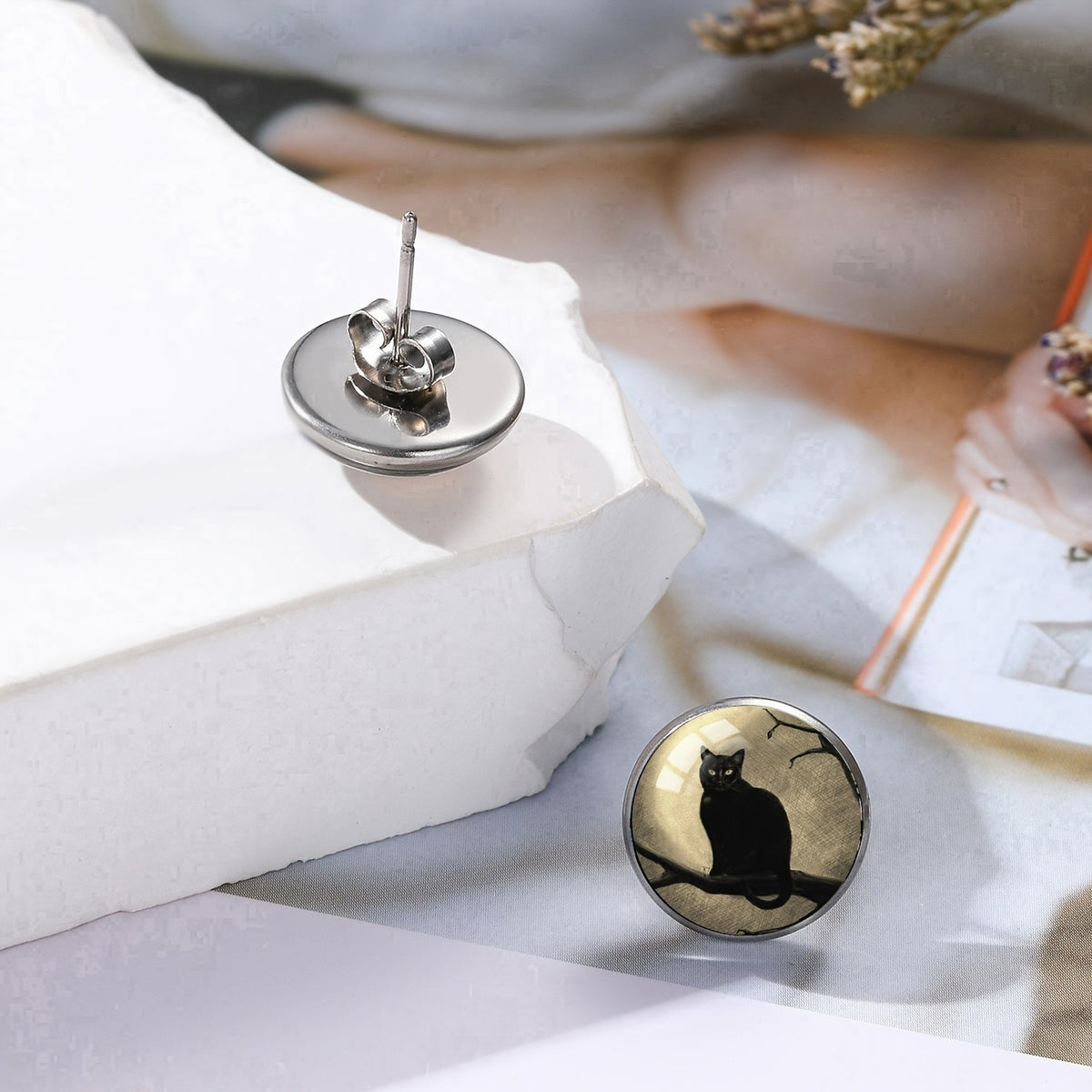 Black Cat Branch Dome Stud Earrings