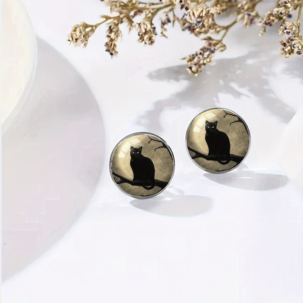 Black Cat Branch Dome Stud Earrings