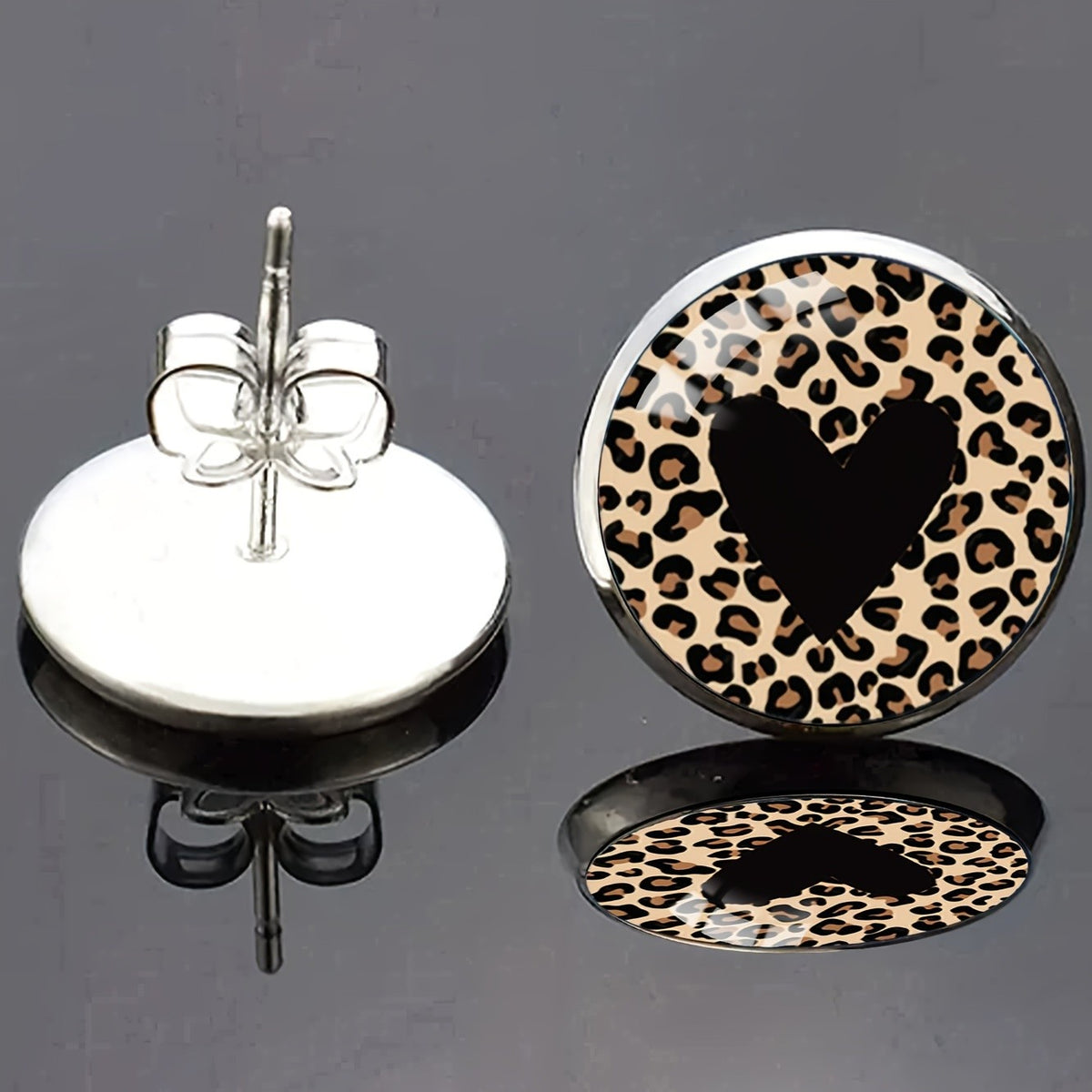 Leopard Print Round Heart Stud Earrings