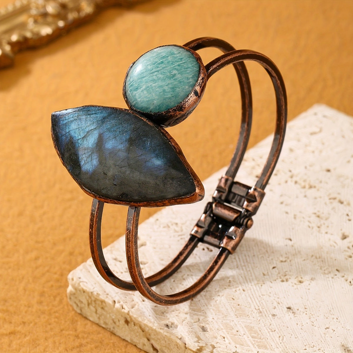 Labradorite & Amazonite Stone Cuff Bracelet