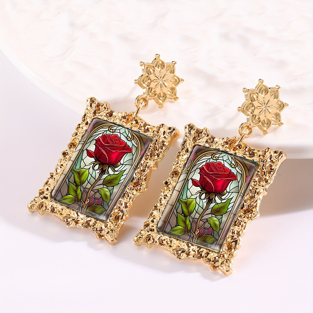 Stained Glass Rose Earrings