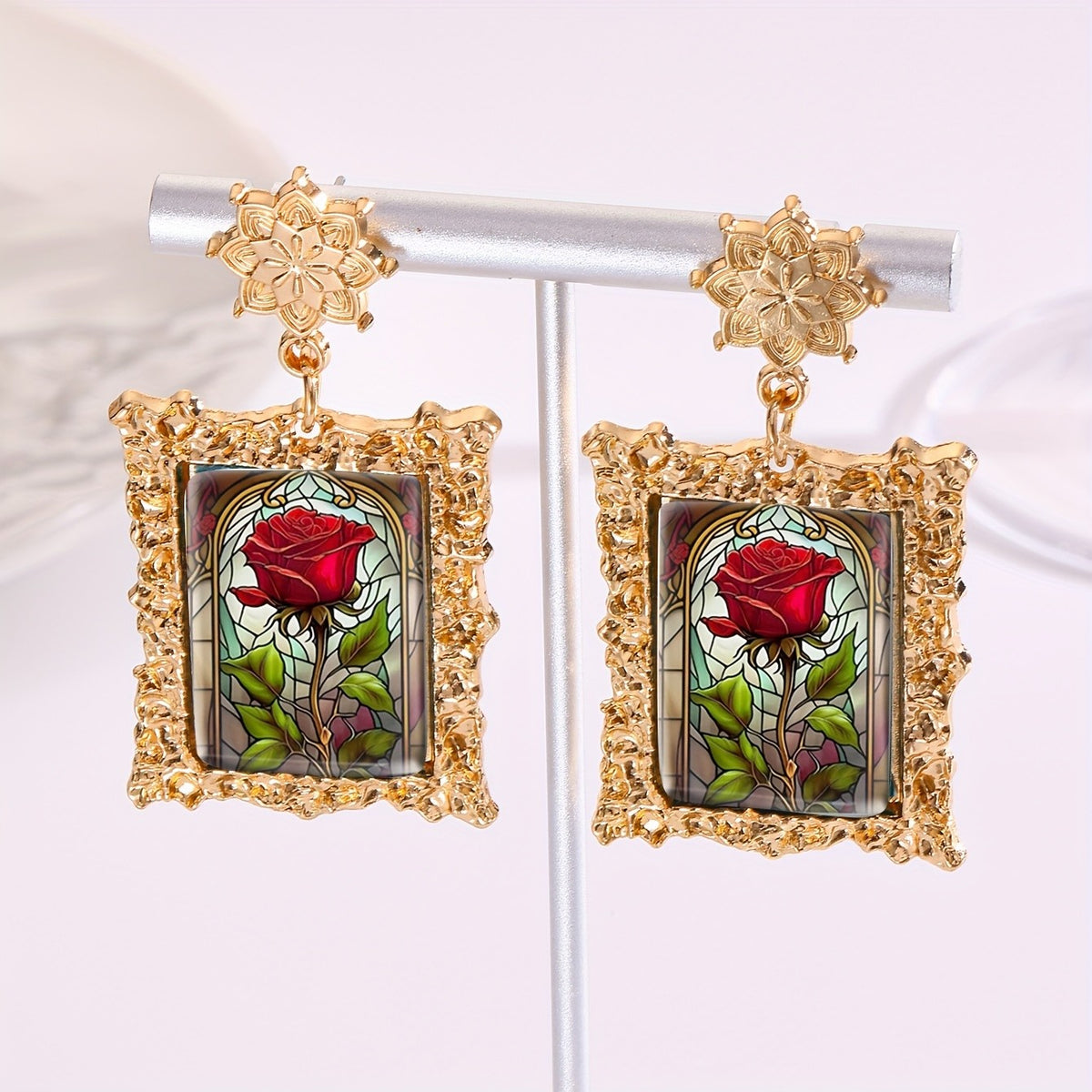 Stained Glass Rose Earrings