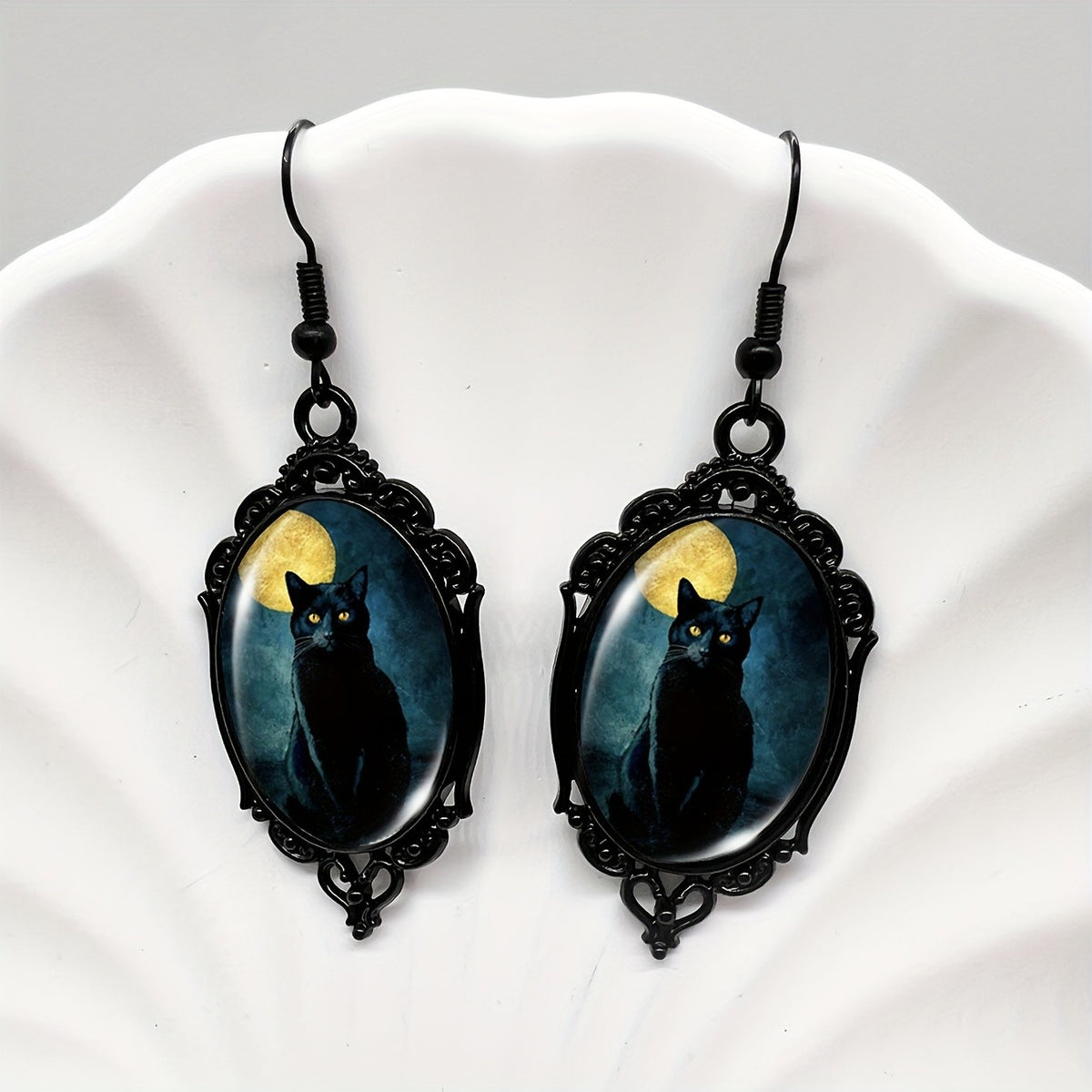 Black Cat Oval Dangle Earrings