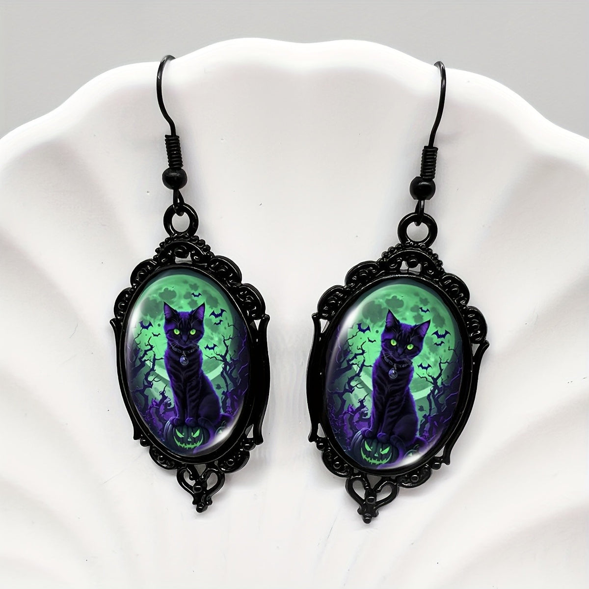 Black Cat Oval Dangle Earrings