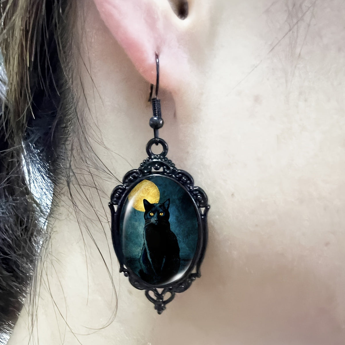 Black Cat Oval Dangle Earrings